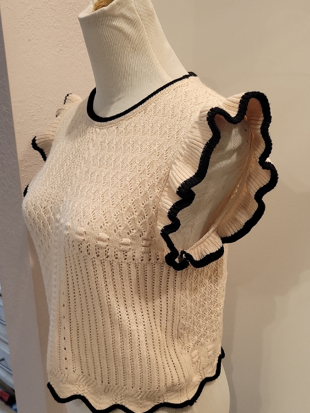Cream Knit Ruffle Sleeve Top with Black Trim - Picture 2 of 6